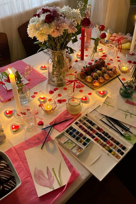 Vision Boarding Party, Girly Date Ideas, Galentines Activity Girls Night, Girly Birthday Party Activities, Hosting Set Up, Painting Night With Friends, Painting Dinner Party, Paint And Sip Set Up, Craft Night With Friends