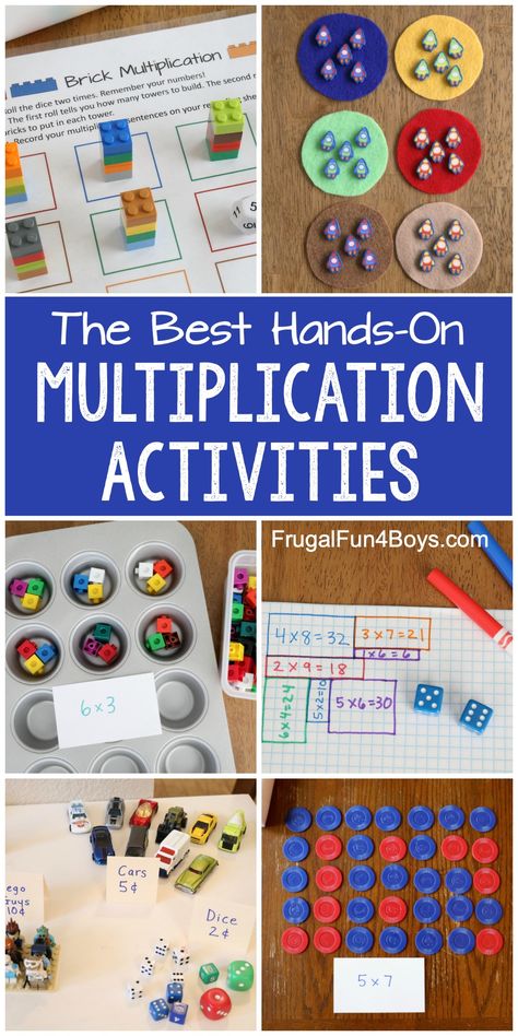 Hands-on multiplication activities. These fun math activities use simple supplies such as dice, muffin pans, markers, poker chips, LEGO bricks, and more. Lots of math inspiration! #kidsactivities #math #matheducation #secondgrade #thirdgrade #handsonmath Grade 3 Math, Multiplication Activities, Teaching Multiplication, Multiplication Games, Maths Ideas, Fun Math Activities, Math Intervention, Math Multiplication, Kids Math