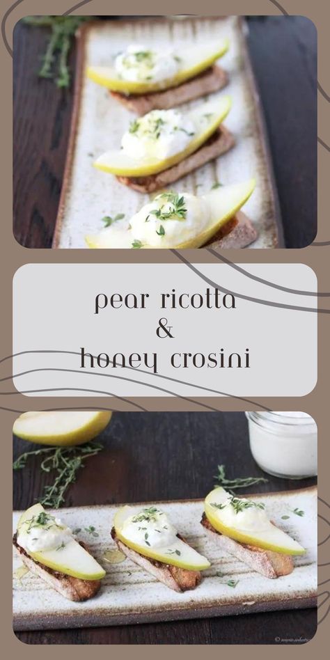 Impress your guests with the Pear, Ricotta, and Honey Crostini! This delightful appetizer combines the sweetness of pears, the creaminess of ricotta, and a drizzle of honey. Elevate your entertaining with this easy and elegant recipe! || cookingwithruthie.com #appetizerrecipe #crostini #pearandricotta #cookingwithruthie Pear And Brie Crostini, Pear Ricotta Crostini, Whipped Ricotta Peach Crostini, Pear Ricotta, Pear Crostini, Ricotta And Hot Honey Crostini, Ricotta And Honey, Ricotta Crostini, Crostini Recipe