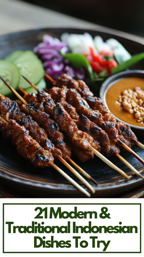 A plate of traditional Indonesian satay skewers served with peanut sauce, accompanied by vibrant sides and garnishes. Indonesian Rice Table, Authentic Meals, Indonesian Food Traditional, Indonesian Dishes, Satay Recipe, Unique Ingredients, Dutch Food, Indonesian Recipes, Christmas Island