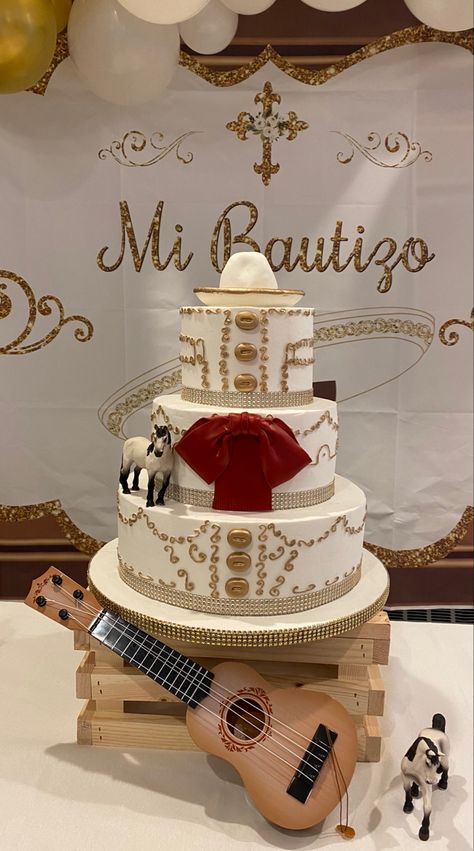 Charro Birthday Cake, Bautizo Ideas Decoracion Charro, White And Gold Charro Quinceanera Theme, Charro Backdrop Ideas, Charro Quince Ideas, Charro First Birthday Boy, Mariachi Invitations, Mexican Baptism Ideas Boy, Mexican Bautizo Ideas