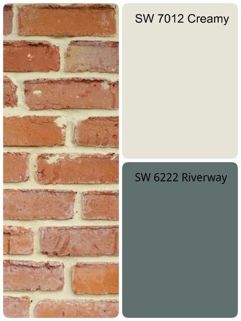 Riverway shutter color Front Door Colors With Brick Exterior, Old Chicago Brick Exterior Paint Colors, Cream And Brick Exterior, Orange Brick Color Palette, Green House Exterior Paint Colors, Shutter Colors For Cream Siding, Half Brick Half Siding Exterior, Orange Brick Houses, Brick House Colors