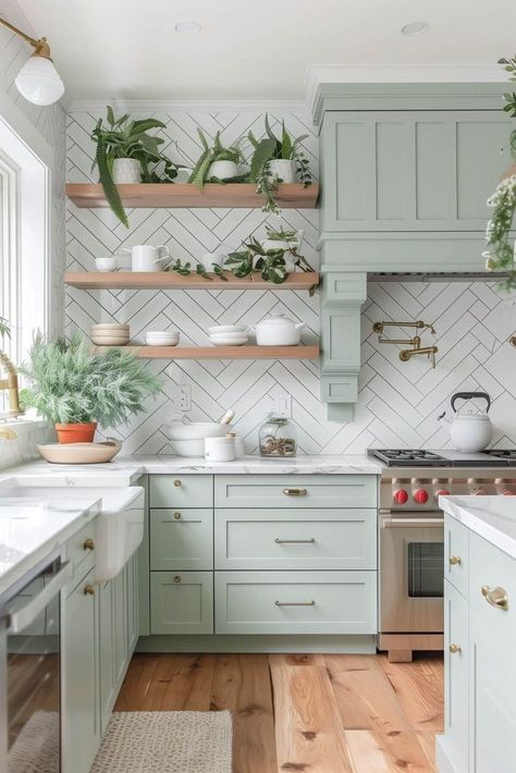 Whimsical White and Mint Green Kitchen Design Ideas – Decorationg Kitchen Light Green Cabinets, Kitchen Design Sage Green, Mint Green Cabinets Kitchen, Mint Kitchen Cabinets, Mint Green Kitchen Cabinets, Green Kitchen Cabinet, Christmas Front Porch Decor, Light Green Kitchen, Mint Green Kitchen