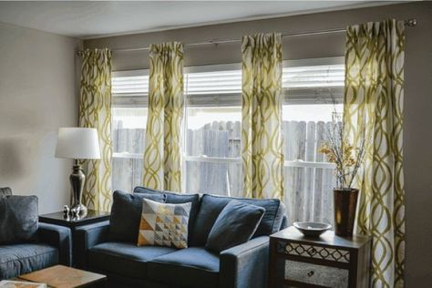 Side By Side Windows, Curtains Behind Couch, Curtains In Bathroom, Window With Curtains, Curtains Behind Bed, How To Hang Curtains, Headboard Curtains, Hang Curtains, Top Bed