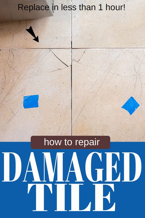 Fixing cracked tile with blue painter's tape marks and post title. Fix Cracked Tile, How To Repair Loose Floor Tile, How To Repair Cracked Tile, How To Repair Grout In Tile Floor, How To Repair Cracked Tile Grout, How To Fix A Cracked Bathtub, Tiles Diy, Tile Repair, Adhesive Tiles