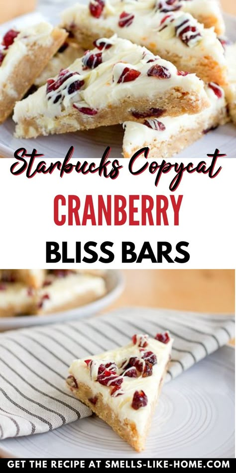 These cranberry bliss bars will wrap you up and warm your soul, just like my favorite white chocolate gingerbread blondies do. If you’ve been to Starbucks this time of year, you know the treats I’m talking about. And surprise, surprise! This copycat version of those Starbucks holiday bars is SUPER easy to make at home! Starbucks Cranberry Bliss Bars Copycat, Copycat Cranberry Bliss Bars, Starbucks Cranberry Bliss Bars, Starbucks Cranberry Bliss, Holiday Bars, Cranberry Bliss Bars Recipe, Holiday Recipes Christmas Desserts, Cranberry Bliss Bars Starbucks, Bliss Bars