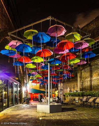 Floating Umbrellas Hanging Umbrella Decor, Decorating With Umbrellas, Umbrella Decorations Creative, Umbrella Decoration Ideas, Floating Umbrellas, Cafe Ideas Design, Club Design Interior, Hanging Umbrellas, Umbrella Decor