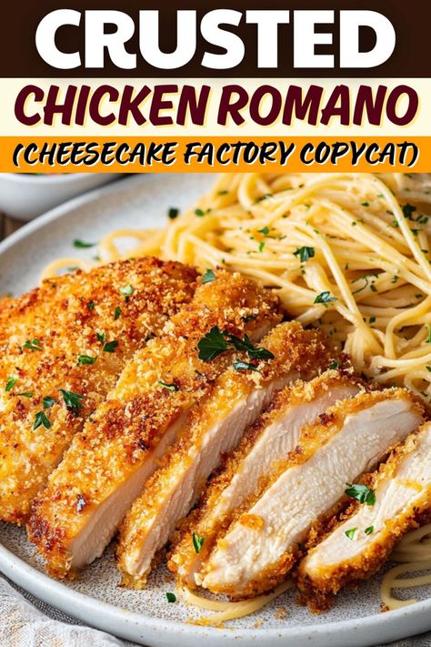 If you love Crusted Chicken Romano, this Cheesecake Factory copycat is a must-try! It's savory, crunchy, and guaranteed to satisfy. Yummy Meal Recipes, Winter Meal Recipes, Copycat Recipes Restaurant, Bar Food Recipes, Copycat Chicken Recipes, Week Night Recipes, Copycat Cheesecake Factory Recipes, Chicken Romano Recipe, Restaurant Recipes Copycat