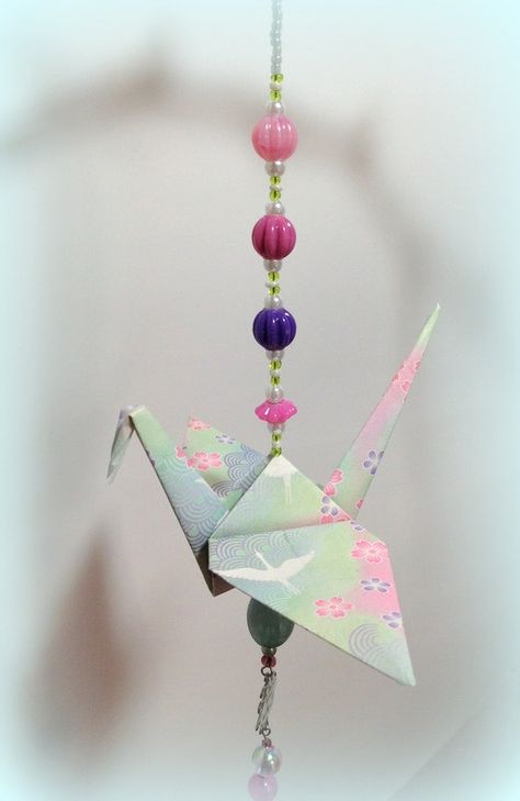 Embellished Origami Crane Beaded Dangle Ornament as an Asian Accent Lawn Garden Party Decor for Wedding Favor or Japanese Restaurant Decor by FlyingCraneOrigami on Etsy Ornament Origami, Paper Crane Origami, Hanging Origami Cranes, Origami Xmas, 1000 Origami Cranes, Hanging Origami, Origami Decor, Origami Crane Necklace, Origami Crane Earrings