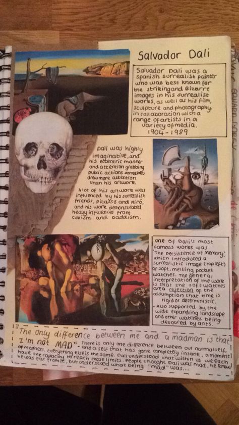 Research page Salvador Dali Gcse Sketchbook, Gcse Art Sketchbook Surrealism, Surrealism Research Page, Salvador Dali Research Page, Salvador Dali Artist Research Page, Artist Reaserch Page A Level, Sketchbook Topics, Artist Reaserch Pages, Gcse Ceramics