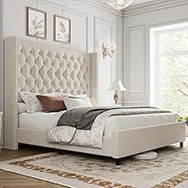 Harper Upholstered Non-tufted Tall Bed, Tufted Headboard Bedroom, Cream Bed, Headboard Velvet, Tufted Bed Frame, King Platform Bed Frame, Upholstered Sleigh Bed, Tufted Upholstered Bed, Tall Bed