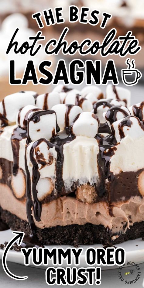 Hot Chocolate Lasagna, Chocolate Lasagna Dessert, Flavored Cream Cheese, Hot Chocolate Desserts, Chocolate Lasagna Recipe, Chocolate Cookie Crust, Flavored Cream Cheeses, Fluffy Layers, Chocolate Lasagna