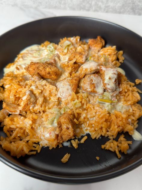 Mexican Red Rice with Chicken & Queso – Living In Midwest Dinner With Mexican Rice, Mexican Restaurant Chicken And Rice, Chicken Cheese Rice Mexican, Mexican Rice Aesthetic, Chicken Bullion Rice, Mexican Rice Meals, Mexican Queso Chicken And Rice, Chicken On The Beach Mexican, Knorr Tomato Bouillon Chicken Recipes