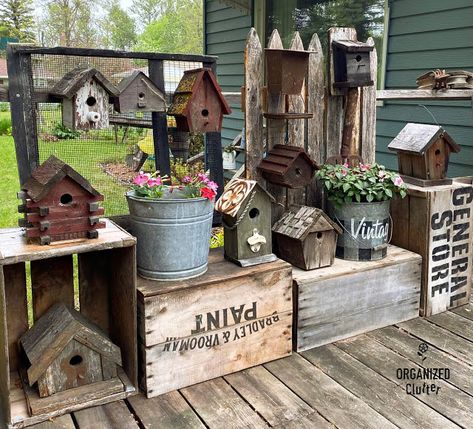 Displaying Bird Houses, Birdhouses Rustic Shabby Chic, Farmhouse Birdhouse, Farmhouse Birdhouses, Birdhouse Decor, Primitive Garden Decor, Rustic Birdhouses, Birdhouse Projects, Organized Clutter