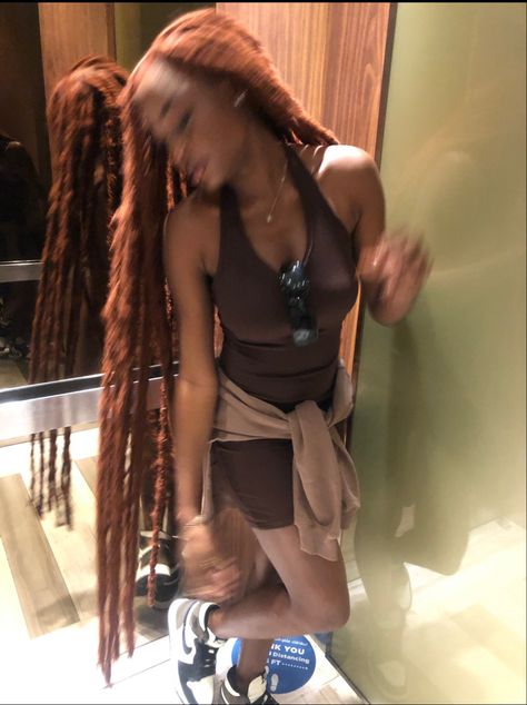 Ginger Distressed Locs, Dark Brown Locs Black Women, Reddish Brown Locs, Dark Ginger Locs, Ginger Brown Locs, Brown And Ginger Braids, Copper Brown Locs, Chocolate Brown Locs, Dark Brown Locs