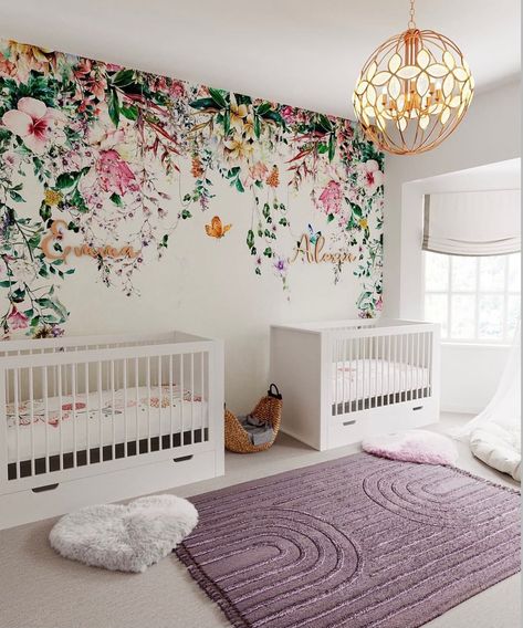 Nursery ideas for twins: 10 designs that embrace both babies | Real Homes Nursery Ideas Bright Colors, Bright Colorful Nursery Ideas, Garden Theme Nursery Girl, Garden Nursery Girl, Nursery Ideas For Twins, Bright Nursery Ideas, Bright Floral Nursery, Garden Theme Nursery, White Cribs