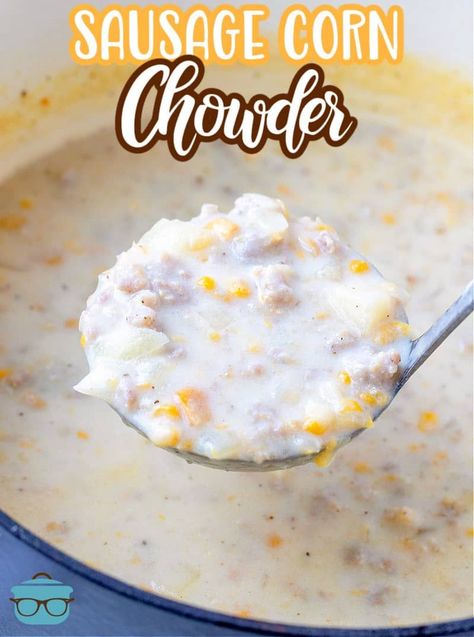 This Easy Creamy Sausage Corn Chowder whips up quickly. Ground sausage, creamed corn, potatoes all mixed in a thick, creamy broth. Sausage Corn Chowder Recipe, Corn Chowder Crockpot, Sausage Corn Chowder, Corn And Sausage, Potato Chowder Recipes, Easy Corn Chowder, Corn Chowder Soup, Potato Chowder, Pumpkin Dishes