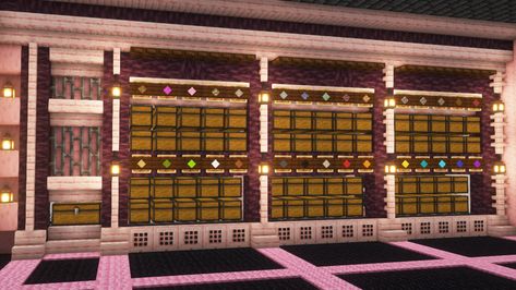 Automatic Storage Minecraft, Auto Sorter Minecraft, Minecraft Auto Sorter, Pink Storage Room Minecraft, Minecraft Storage Room Ideas Exterior, Cherry Storage Room Minecraft, Storage Room Design Minecraft, Cute Storage Room Minecraft, Storage Room Minecraft Design