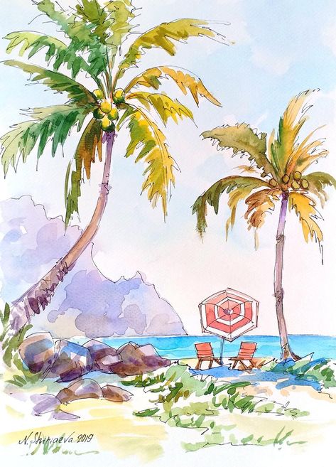 Beach Aesthetic Wallpaper, Island Palm Trees, Beach Waves Hair, Hawaii Painting, Watercolor Sketching, Beach Drawing, Watercolor Beach, Hawaii Art, Waves Hair