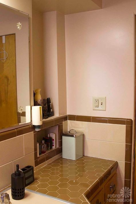 Retro Design Dilemma: Frank wants help decorating his brown and beige tile bathroom - Brown Tiles Bathroom, Tan Tile Bathroom Ideas, Tiled Countertop Bathroom, Retro Tile Bathroom, Tan Tile Bathroom, 1955 House, Beige And Brown Bathroom, Brown Bathroom Tile, Bathroom Brown Tile