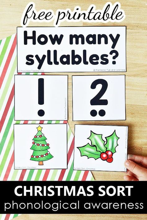 Free printable Christmas syllable sort for phonological awareness practice in preschool, kindergarten or first grade. Christmas literacy activities for kids. Christmas Literacy Preschool, Preschool Winter Literacy, Syllables Kindergarten, First Grade Christmas, Christmas Literacy Activities, Christmas Learning Activities, Preschool Theme Activities, Christmas Literacy, Literacy Activities Preschool