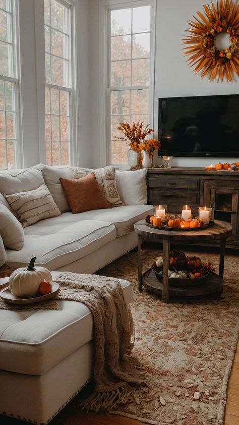 Get inspired by these fall Thanksgiving decor DIY ideas for your table candle centerpieces Hobby Lobby finds front porch living room outdoor spaces farmhouse kitchen porch and modern home Create stunning fall decorations with these simple and elegant ideas Simple Fall Home Decor Ideas, Fall Home Interior, Decorative Tray Ideas Living Room, Table Candle Centerpieces, Fall Countertop Decor, Simple Fall Decor Ideas For The Home, Thanksgiving Decor Diy, Front Porch Living, Coffee Table Decor Living Room