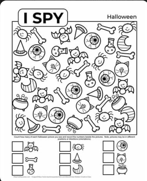 Halloween In Kindergarten, Day After Halloween Activities, Halloween I Spy Printable Free, I Spy Halloween Printables For Kids Free, Halloween Ispy, Halloween Crafts For Kids Elementary, Diy Halloween Decorations For Kids, Halloween Worksheets Preschool, Halloween Worksheets For Kids