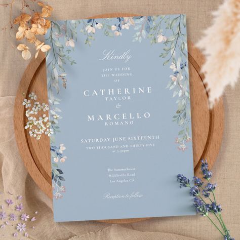 Dusty Blue Wildflowers Watercolor Floral Wedding Invitation Wildflowers Watercolor, Baby Blue Weddings, Blue Wildflowers, Blue And White Wedding, Blue Invitation, Light Blue Wedding, Navy Wedding Invitations, Blue Themed Wedding, White Typography