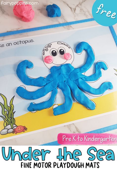 The free "Under the Sea" themed playdough mats help kids develop their fine motor skills. Kids can also trace the pictures with an erasable marker to develop their pre-writing skills. #finemotor #undertheseaactivities #oceanactivities #preschool #kindergarten #playdoughmats #pencilcontrol #prewriting #freeprintables #homeschool Ocean Activities Preschool, Ocean Theme Preschool, Under The Sea Crafts, Free Printables For Kids, Sea Activities, Playdough Activities, Ocean Activities, Early Learning Activities, Playdough Mats