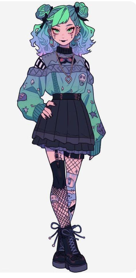 Cute Art Styles, Female Character Design, Grunge Style, Green Hair, Art Inspiration Drawing, Character Outfits, Cute Characters, A Drawing, An Anime