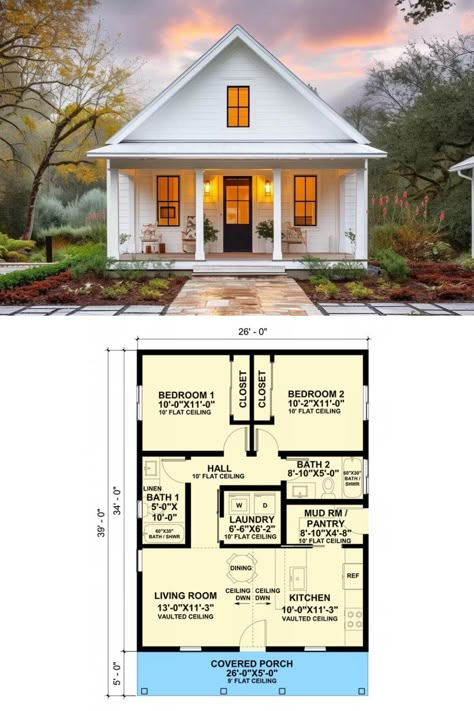 This 2-bedroom cottage-style ADU showcases a fresh and inviting facade with white clapboard siding, a charming gable roof, and a covered entry porch framed by stately pillars. Functional Home Ideas Tiny House, Cozy Cottage House Plans, Tiny Home Floorplan 2 Bedroom, Tiny Home Designs Interiors, Small House Layout 2 Bedroom, 2 Bedroom Tiny House Floor Plans, 2 Bedroom Tiny Home, Adu Cottage, Tiny House 2 Bedroom