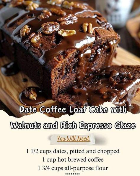 Coffee Loaf Cake, Coffee Loaf, Espresso Glaze, Date Coffee, Walnut Recipes, Brewed Coffee, Loaf Cake, Cake Frosting, Baking Flour