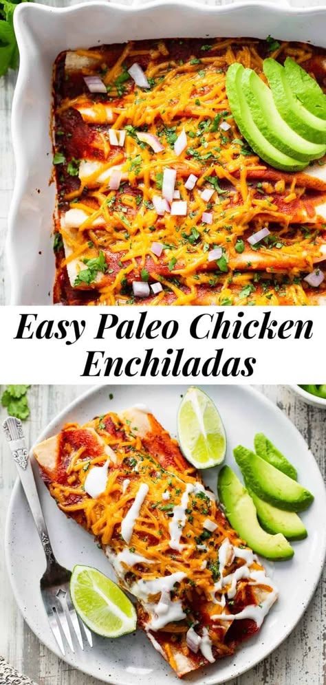 These classic paleo chicken enchiladas are made easy with cassava tortillas, a flavor-packed filing and all your favorite (dairy-free) toppings. This family favorite recipe comes together quickly and easily and no one would ever guess these enchiladas are grain free and dairy free! #paleo #cleaneating #dairyfree #enchiladas Dairy Free Enchiladas, Cassava Tortillas, Easy Paleo Chicken, Paleo Casserole, Dairy Free Paleo, Paleo Chicken, Eating Plan, Enchilada Recipes, Easy Paleo