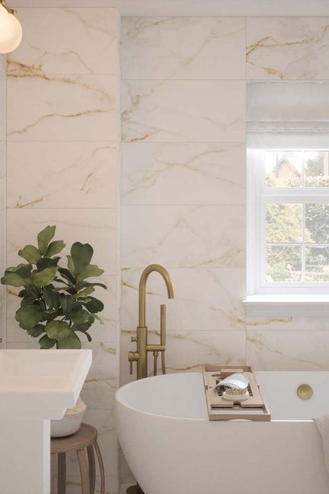 All about the opulence! With a warming gold veining marble effect, Goldman is the perfect addition to elevate any space. Choose from a classic matt or stunning gloss finish - both of which are suitable for wall use. Marble Effect Tiles Bathroom, White Marble Tiles Bathroom, Warm Marble Bathroom, Marble Wall Tiles Bathroom, Bathroom Marble Floor, Marble Tiles Bathroom, Gold Marble Bathroom, Marble Effect Bathroom, Marble Bathroom Tiles