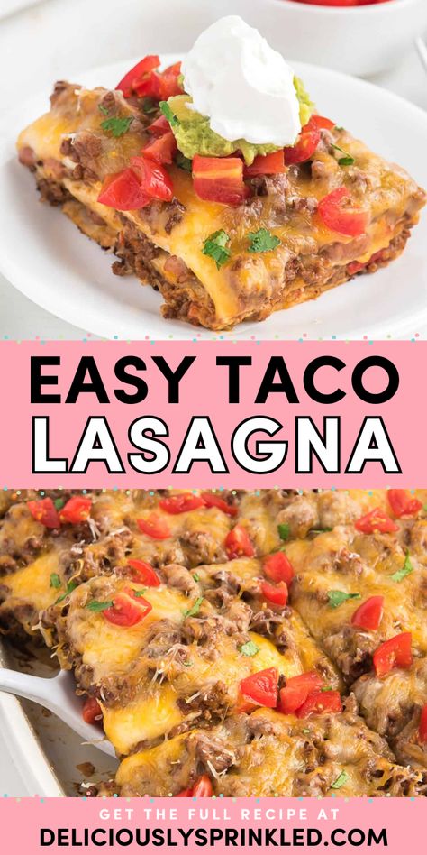 Shake up your usual routine with this Mexican dinner idea! This easy Mexican recipe will find its way to your rotation. Having layers of exciting flavors, this taco lasagna with tortillas is the BEST! Easy Taco Lasagna, Taco Lasagna With Tortillas, Taco Lasagna With Tortillas Easy, Taco Lasagna Recipe With Noodles, Taco Lasagna Recipe Tortilla, Layered Taco Bake Flour Tortillas, Spaghetti Pie Recipe Easy, Easy Mexican Taco Lasagna, Easy Mexican Lasagna With Tortillas