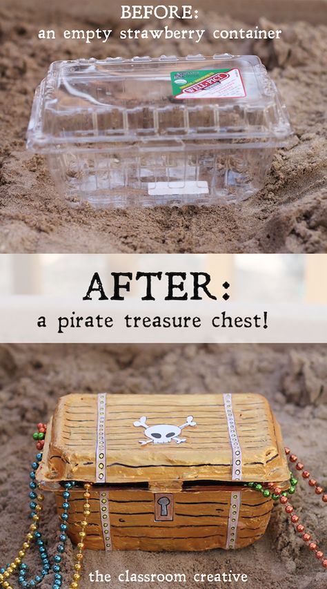 From strawberry container to pirate treasure chest!  A fun craft tutorial from theclassroomcreative.com Pirate Treasure Chest Craft, Strawberry Container, البحث عن الكنز, Treasure Chest Craft, Pirate Chest, Pirate Activities, Pirate Crafts, Pirate Treasure Chest, Pirate Theme Party