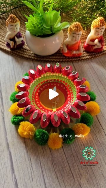 Chhaya Meena on Instagram: "Easy DIya decoration for Diwali..✨️ 
Do try out this easy colorful Diya makeover on ur old or new clay Diyas.. and add colors n light to ur festive decor ❤️ 
- A coat of Gesso on the clay Diya (Optional)
- Pistachio shells fits well in the clay.
- Painted using acrylic colors
- Adding quick dots as details
- Using some mirrors for the bling
- Old CD and some colorful pompoms to add volume and more colors

Hope u like it 😊 

#artowalls #diya #diwalivibes✨ #diyprojects #festivevibes #festivedecor #trendingnow #crafttime #explorepage #festivaloflights #craftideas #bestfromwaste #upcycledart #artenthusiast #festiveseason #viralvideos #glass #homedecor #diycrafts 

( Home decor, DIY, DIY projects, Craft Videos, DIY crafts, Diwali , Festivals of India)" Craft Videos Diy, Easy Diya Decoration, Colorful Diya, Decoration For Diwali, Clay Diya, Pistachio Shells, Diya Decoration, Old Cd, Festivals Of India