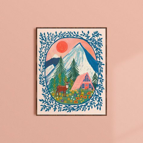 Into the Wilderness - Art Print - Faire Cabin Artwork, Mountain Art Print, Nordic Poster, Tableau Art, Mountain Art, Kids Room Art, Wall Art Canvas Painting, Nature Wall, Ink Illustrations