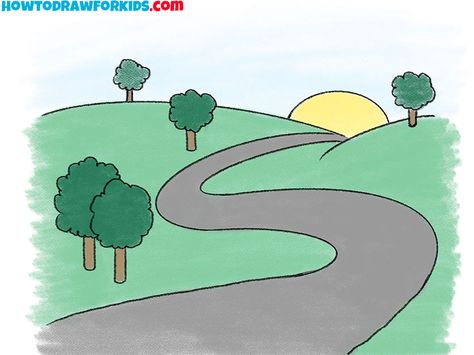 How to Draw a Road Step by Step - Easy Drawing Tutorial For Kids How To Draw A Winding Road, How To Draw A Road Step By Step, Path Drawing Simple, Road Drawing Simple, Pathway Drawing, Road Drawing, Landscape Drawing Tutorial, House Drawing For Kids, Sticker Chart