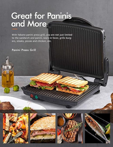 Special Feature	Non Stick Coating Color	Black Material	Nonstick Brand	Yabano Product Dimensions	12.64"D x 12.52"W x 3.7"H Wattage	1200 watts Item Weight	5.6 Pounds Included Components	Lid Style	Casual Voltage	110 Volts Grill Pan Steak, Parrilla Interior, Pan Steak, Panini Sandwiches, Panini Press, Gourmet Sandwiches, Griddle Grill, Indoor Grill, Sandwich Maker