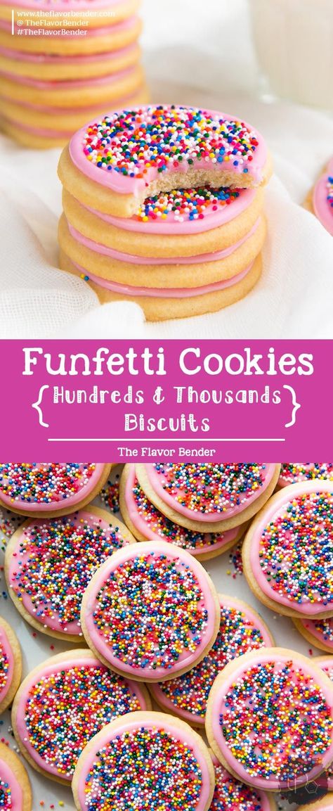 Funfetti cookies - also known as Hundreds and Thousands biscuits are soft, buttery and milky cookies topped with rainbow sprinkles and are an absolute crowd favorite! #FunfettiCookies #SugarCookies #HundredsAndThousands #NewZealandRecipes #CookieRecipes #FrostedSugarCookies via @TheFlavorBender Hundreds And Thousands Cookies, Cookies With Sprinkles, Xmas Baking, Funfetti Cookies, Hundreds And Thousands, Amazing Desserts, Favorite Cookie Recipe, Sugar Cookie Frosting, Bar Recipes