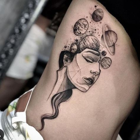 Open Head Tattoo, Venus Tattoo, Cosmic Tattoo, Strong Woman Tattoos, Face Tattoos For Women, Astronaut Tattoo, Sketch Style Tattoos, Choose Her, Universe Tattoo