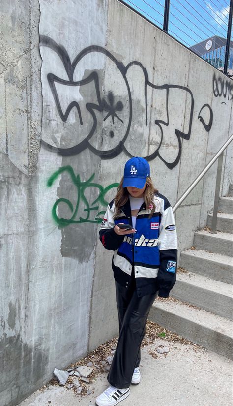 Jacket With Bra Outfit, La Cap Outfit Street Style, Blue Racer Jacket Outfit, La Dodgers Hat Outfit, Blue Varsity Jacket Outfit, La Cap Outfit, Dodgers Hat Outfit, Blue Racer Jacket, Blue Cap Outfit