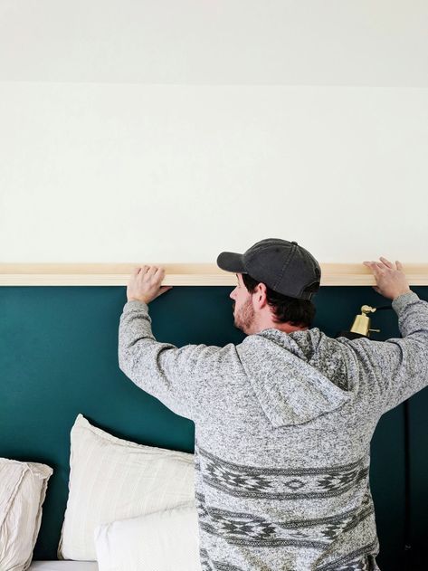 Floating Shelf Over Bed, Picture Ledge Bedroom, Picture Ledge Above Bed, Wall Picture Ledge, Shelf Over Bed, Wall Behind Bed, Half Painted Walls, Shelf Above Bed, Bed Picture