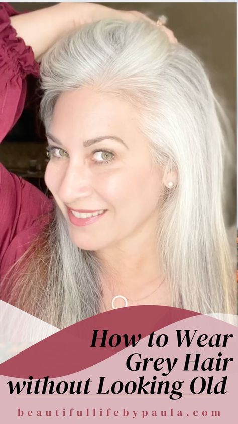 Would you love to transition to gray hair but don't want to look old? Check out my post on how to wear gray hair without looking old, for tips on how to actually look YOUNG with gray hair! 40 Year Old Grey Hairstyles, Grey Hair In Your 40, Grey In Front Dark In Back Hair, Going White Hair Gracefully, White Hair Styles For Women Over 50 Aging Gracefully, Incorporating Grey Hair, Best Way To Transition To Grey Hair, Hair Color Cover Grey Hair, Stylish Gray Hair