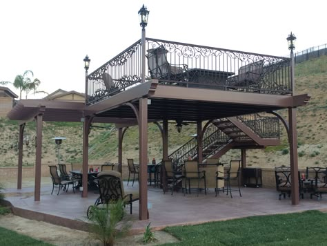 Custom made steel two story pergolas with ornate railing by Independent Iron #Custommade #Tuscan #Oldworld #SteelPergola #Pergola #Steelrailing #Ornamentaliron #backyardideas #patiocover #garden #deck #WroughtIron 2 Story Pergola Deck, 2 Story Pergola, Two Story Pergola, Iron Pergola, Pergola Metal, Curved Patio, Living Pool, Steel Pergola, Garden Deck