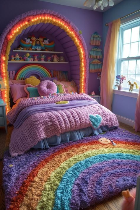 Rainbow Bed Frame, Lisa Frank Bedroom Ideas, Girls Colorful Bedroom Ideas, Bright Girls Bedroom, Girls Bedroom Ideas Rainbow, Rainbow Room Kids Girl Bedrooms, Rainbow Room Aesthetic, Rainbow Bedroom Ideas, Rainbow Bedroom Ideas Kids