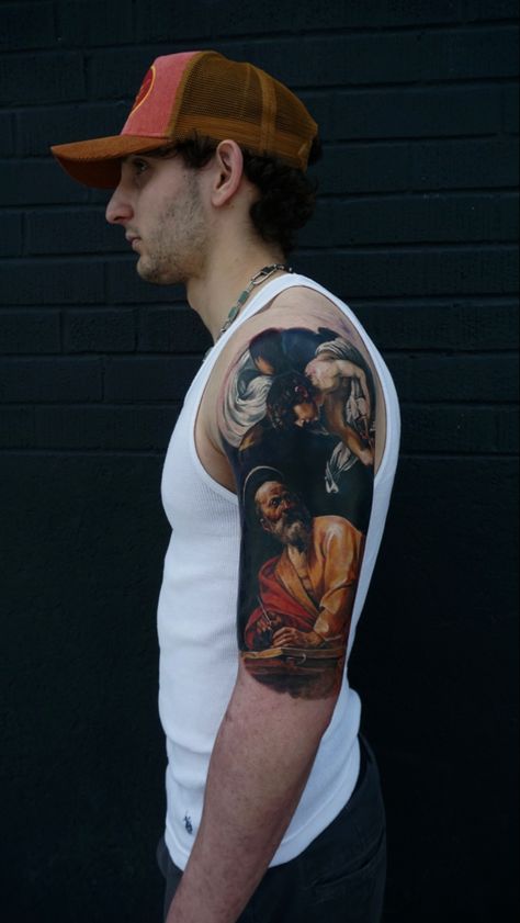 #tattoo #colortattoo #oldmasters #realism #oilpaintimg #caravaggio #caravaggiotattoo #caravaggiopainting Oil Painting Tattoo, Caravaggio Tattoo, Painting Tattoo, Caravaggio, How To Look Better, Makeup Looks, Hair Color, Tattoos, Photo And Video