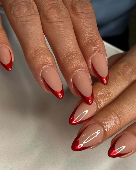 Nails Red Tips, Almond Nails Chrome, Chrime Nails, Almond Nails Red, Fall Almond Nails, Red Chrome Nails, Different Color Nails, Almond Nails French, Chic Manicure