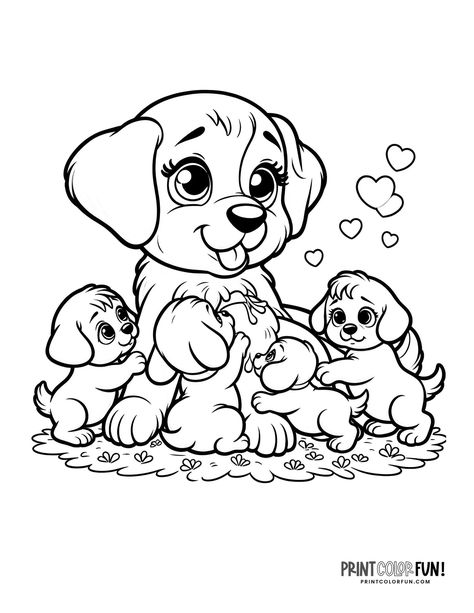 Dog with new puppies coloring page at PrintColorFun com 2 Printable Puppy Coloring Pages, Printable Dog Coloring Pages, Alcohol Olympics, Free Printable Dog Coloring Pages, Dog Printables Free For Kids, Dog And Puppy Drawing, Puppy Coloring Pages Free Printable, Dog Colouring Pages, Cute Puppy Coloring Pages